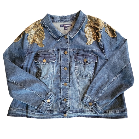 Denim 24/7 Wmns Plus 30W Blue Denim Gold Beaded Sequins Jacket Embellished Bling - Picture 1 of 16
